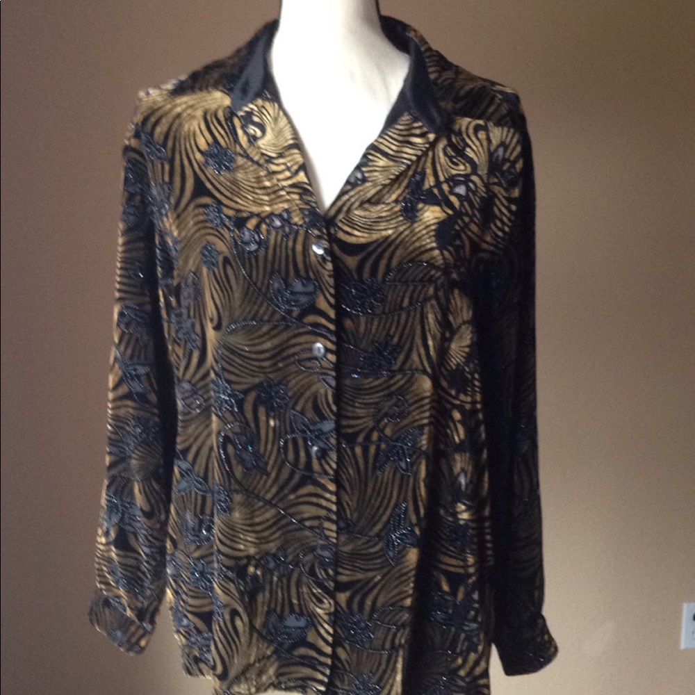 NWOT Vintage velvet burn out sparkle silk blend button front long sleeve top S